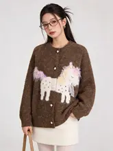 ニットカーディガン レディース 刺繍 ポニーモチーフ コーヒー ヴィンテージ きれいめ 上品 おしゃれ 韓流 お正月 迎春 春秋