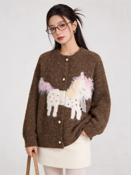 ニットカーディガン レディース 刺繍 ポニーモチーフ コーヒー ヴィンテージ きれいめ 上品 おしゃれ 韓流 お正月 迎春 春秋