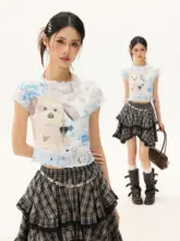 犬のプリント付きフリル袖夏用Tシャツ【女性用・フィット感・透け感あり】
