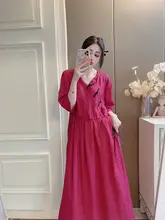 感漂うアジア風イージー着用の麻製ロングドレス【膝下丈・ゆったり体型カバー】