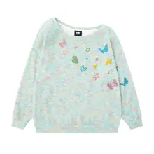 蝶柄の片肩デザインカラフルニット長袖Tシャツ【女性用・薄手・カジュアル】