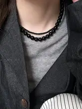 高級感漂うブラックオニキスとパールの重ね付けネックレス【女性用・セーター用・鎖骨アクセサリー】