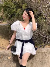 可愛らしいデザイン！立体花びら付きパフスリーブワンピース【ショートスカート・夏用・小柄向け】（セットアップ対応）