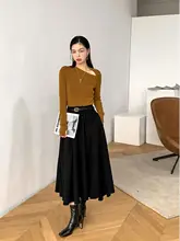秋春用 ブラック中長丈ハイウエストスカート【Aライン・フレア・小柄対応】