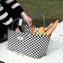 おしゃれな編み込み収納バスケット【ブラックホワイトチェック・アウトドア・買い物用・手提げ】