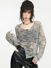 透かし編みデザインの薄手長袖ニットトップス【夏用・防紫外線・おしゃれ】（セットアップ対応）