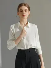 フランス風デザインの白色シフォン長袖シャツ【通勤用・スリムフィット】