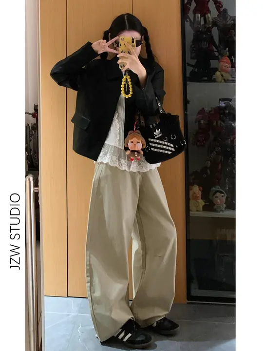 高ウエストワイドレッグカジュアルパンツ【秋用・フィット・魅力的なドレープライン】（セットアップ対応）