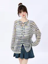 涼しさとおしゃれを両立！透かし編みの長袖ニットトップス【女性用・春夏向け・紫】