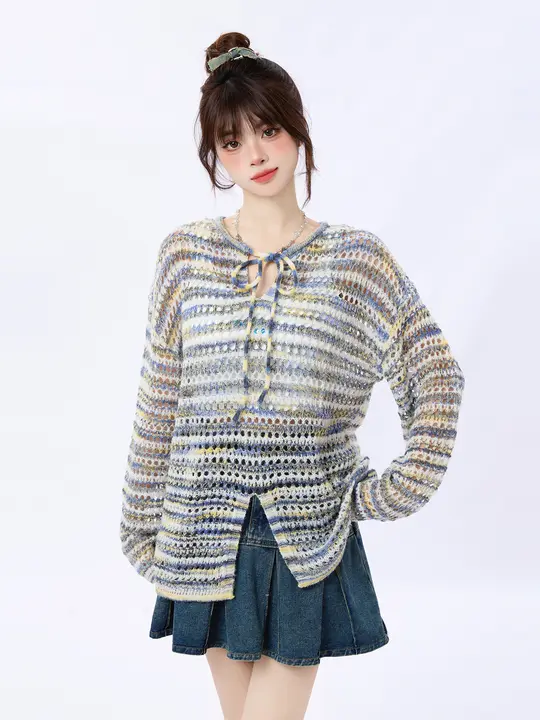 涼しさとおしゃれを両立！透かし編みの長袖ニットトップス【女性用・春夏向け・紫】