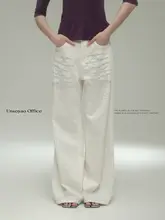 手作りの光沢感あるデザインのリッチなブローチ付きデニムパンツ【レトロスタイル・夏用・薄手コットン】