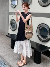 レース切替のブラック＆ホワイトカラー無袖ドレス【フィッシュテール・夏用・ゆったりシルエット】