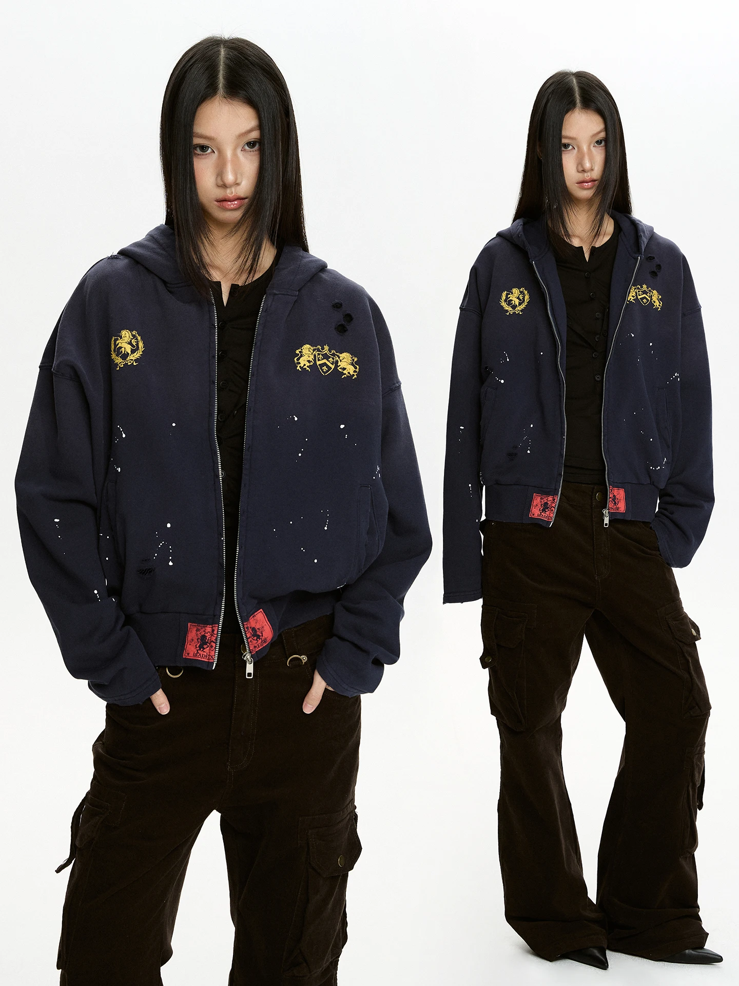 水洗加工のドロップインクプリントジャケット【フィット・短丈・フード付き】