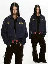 水洗加工のドロップインクプリントジャケット【フィット・短丈・フード付き】