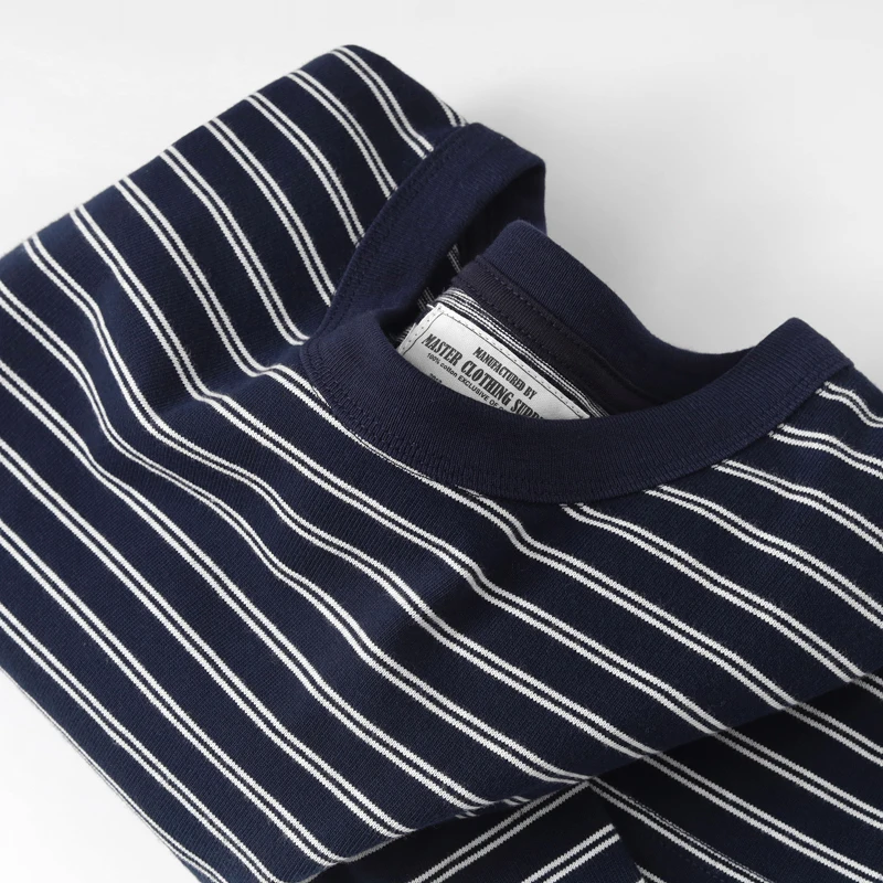 深青のストライプ ラウンドネック長袖Tシャツ：日常使いに最適な棉100%  の柔らかさと复古風デザイン