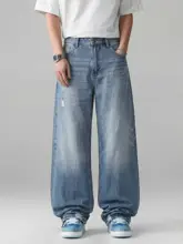 デニムパンツ メンズ Aライン ストレート 厚手 コットン100% 竹節糸 ウォッシュド ルーズ フルレングス 春