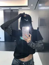 春季アメリカンビンテージ風シースルー重ね着デザインの長袖Tシャツ【女性用・フィット感あり・短丈】（セットアップ対応）