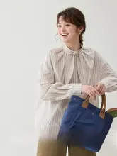 可愛いリボン付きストライプ柄コットンシャツ【春用・ゆったりサイズ】