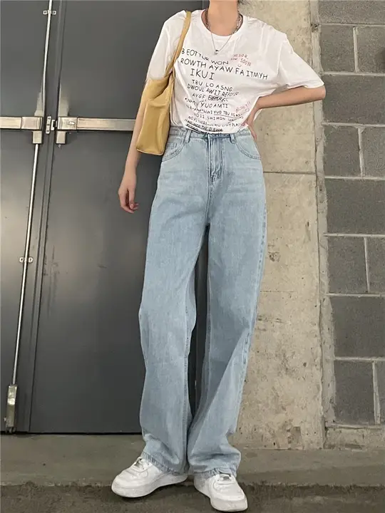 SELFSOLO ハイウエストストレートデニムパンツ【薄いブルー・柔らかい・ドラッグ付き】