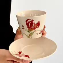 レトロな赤いカラン陶器製コーヒーカップ＆ソーサー【ラテアート・ハンドル付き・紅茶・ティータイム用】
