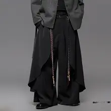 ダーク系デザインの新中式ワイドパンツ【ユニセックス・ストレート・九分丈】