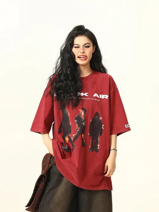 ユニセックス アメリカンスタイルヴィンテージ風街頭プリント半袖Tシャツ【ルーズフィット・夏用】