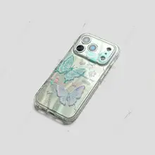 スマホケース iPhone17 16 15 14対応 蝶々柄 全面ホログラム ハードケース 二層IMD 光沢 フルカバー ストラップホール付き インスタ映え 可愛い