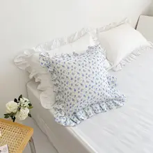 ブルーローズデザインのフリルクッションカバー【全棉・ロマンティック・レトロ】