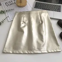 シルバーPUレザー膝上スカート【ハイウエスト・Aライン・カジュアル】