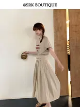スタイリッシュなカキ色のロングパンダスカート【高腰・デザインプリーツ・フィット】