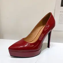 パンプス レディース 浅履き エナメル 本革 ポインテッドトゥ 細ヒール プラットフォーム ブラック 着回し きれいめ
