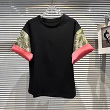 中国風刺繍入り フリップカフスデザイン 短袖Tシャツ【女性用・秋季向け・お洒落】