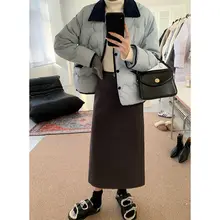 厚手の深灰色ウール混高腰Aラインスカート【秋冬用・細見えデザイン】