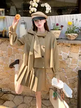 カキリ風 タイ付きトレンチコートとプリーツスカート【春秋用・韓国風・学院スタイル】（セットアップ対応）