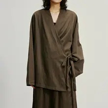 新中式デザインの交差リボン付き長袖シャツ【快適なドレープ感・ワイドパンツ】（セットアップ対応）