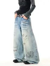 ウォッシュ加工デザインのデニムパンツ【女性用・フィット・ワイドレッグ】