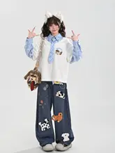犬刺繍デザインのゆったりとしたスウェットトップス【ファッション感・カジュアルスタイル・二重素材】（セットアップ対応）