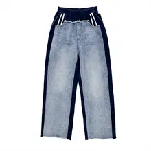 レトロでおしゃれなウエストゴム直筒デニムカジュアルパンツ【夏用・ゆったり・コントラストカラー】（セットアップ対応）