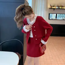 おしゃれなデザイン！レディース赤色木耳フリルトップスとパンツ【秋季用・ファッショナブル】（セットアップ対応）