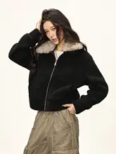 美しいデザインのレトロ風フェイクシープスキン襟付きジャケット【ショート丈・女性用】
