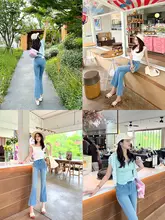 夏用薄手デニムパンツ【小柄向け・ハイウエスト・微フレア・ブルー・スリムフィット・九分丈】