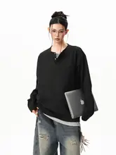 ワッフル模様の長袖Tシャツ【ユニセックス・春用・ヘンリーネック・ゆったりシルエット】