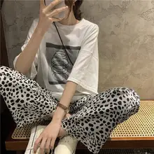 レディース 高腰ワイドレッグパンツ【薄手・ヒョウ柄・シルエット】