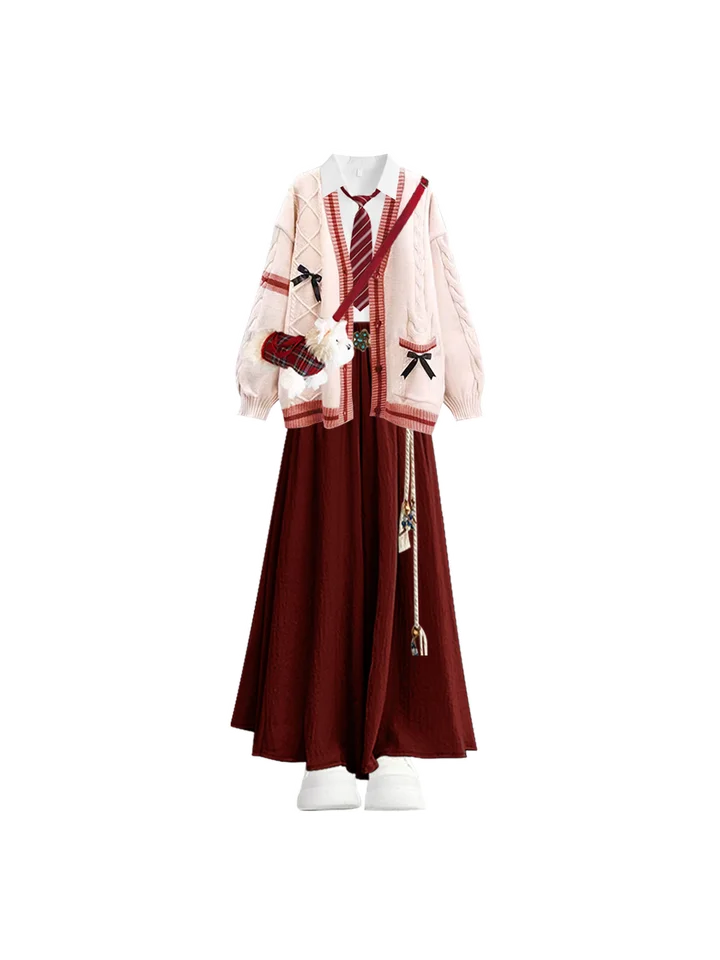 春の装いにぴったりな赤いニットワンピース【JK制服仕立て・学院風・可愛いデザイン】（セットアップ対応）