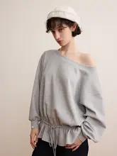 グレー オフショルダー レディース トレーナー【秋季・ゆったり・通勤用・ドローストリング裾】