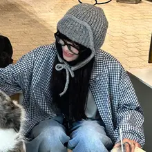 グレーの編み物イヤーマフ帽子【秋冬用・保温・防寒・シンプルデザイン】