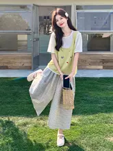 黄色刺繍キャミソールとチェックのワイドパンツ【夏の学院風・短袖】（セットアップ対応）