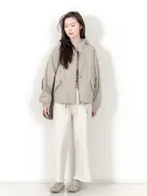 春秋に最適なゆったりとした無地の水洗いコットンフード付き工装ジャケット【レトロスタイル・女性用】