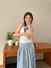 ブルーとホワイトのチェック柄ハイウエストプリーツスカート【Aライン・フレアデザイン】
