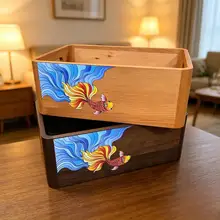 卓上収納バスケット 無垢材 持ち手付き 魚モチーフ 家庭用 小物整理 コスメ収納